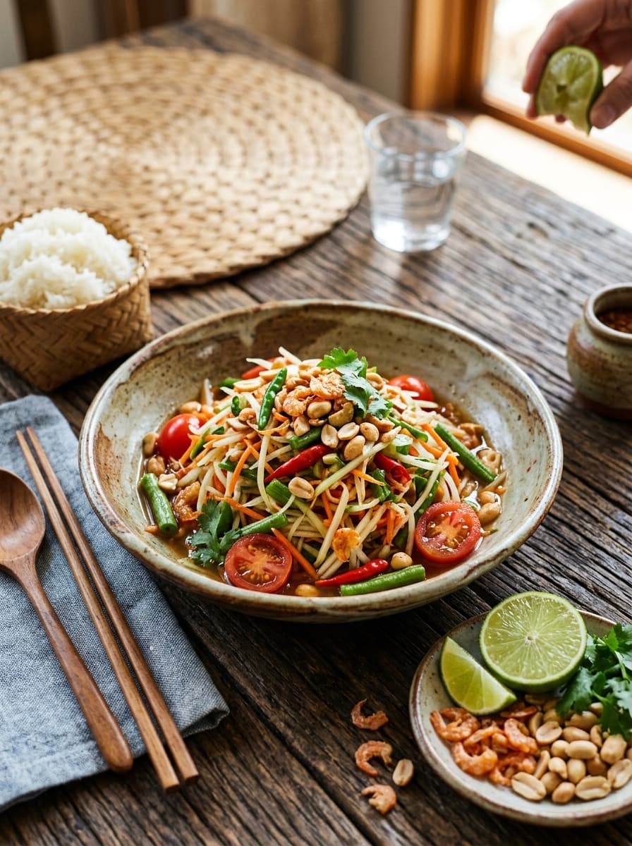 ส้มตำไทยรสจัดจ้าน พร้อมผักสด
